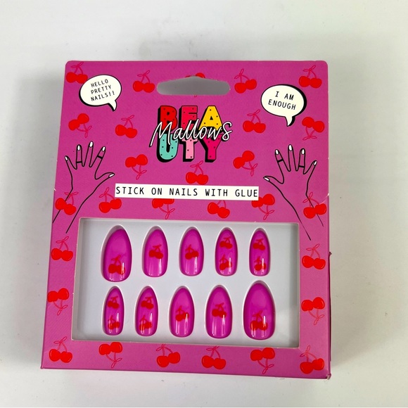 Mallow Beauty Pink With Cherry Design Stick On Nails NIB - Picture 1 of 3